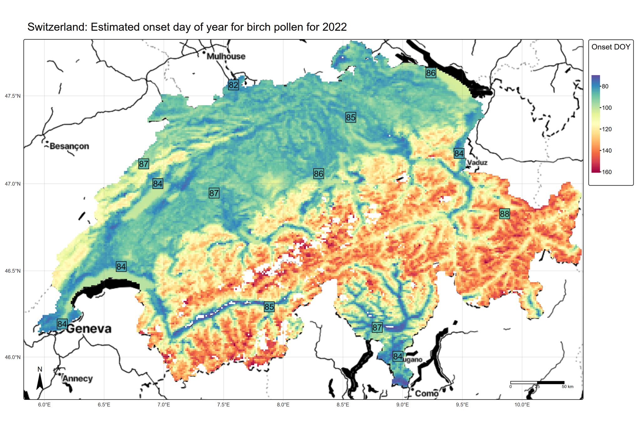 Map of satellite-based estimation of birch pollen season onset in Switzerland in 2022